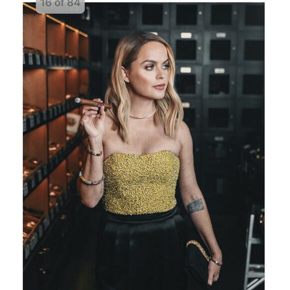 Alice + Olivia Jeri Rhinestone Embellished Strapless Jumpsuit black gold size 2 - Picture 3 of 15